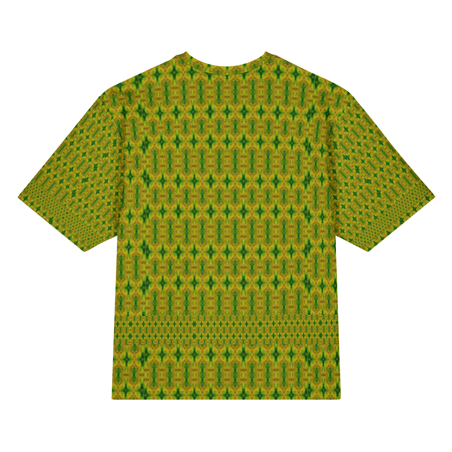 Back view of Purely Jade Light Cotton OverSized T-Shirt with gold-green dense vertical lattice, small spindle forms, and lower patterned band and patterned sleeve panels by RJSTH.