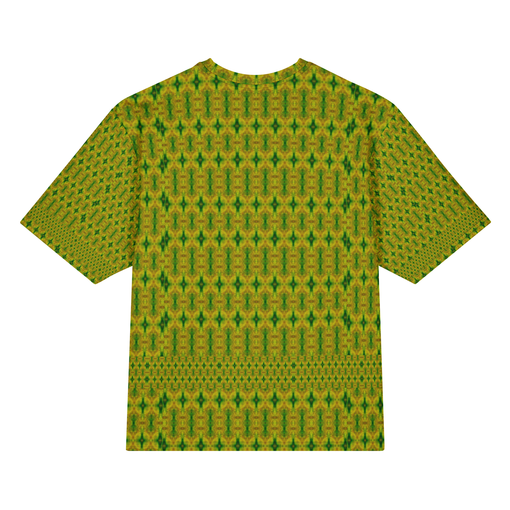 Back view of Purely Jade Light Cotton OverSized T-Shirt with gold-green dense vertical lattice, small spindle forms, and lower patterned band and patterned sleeve panels by RJSTH.