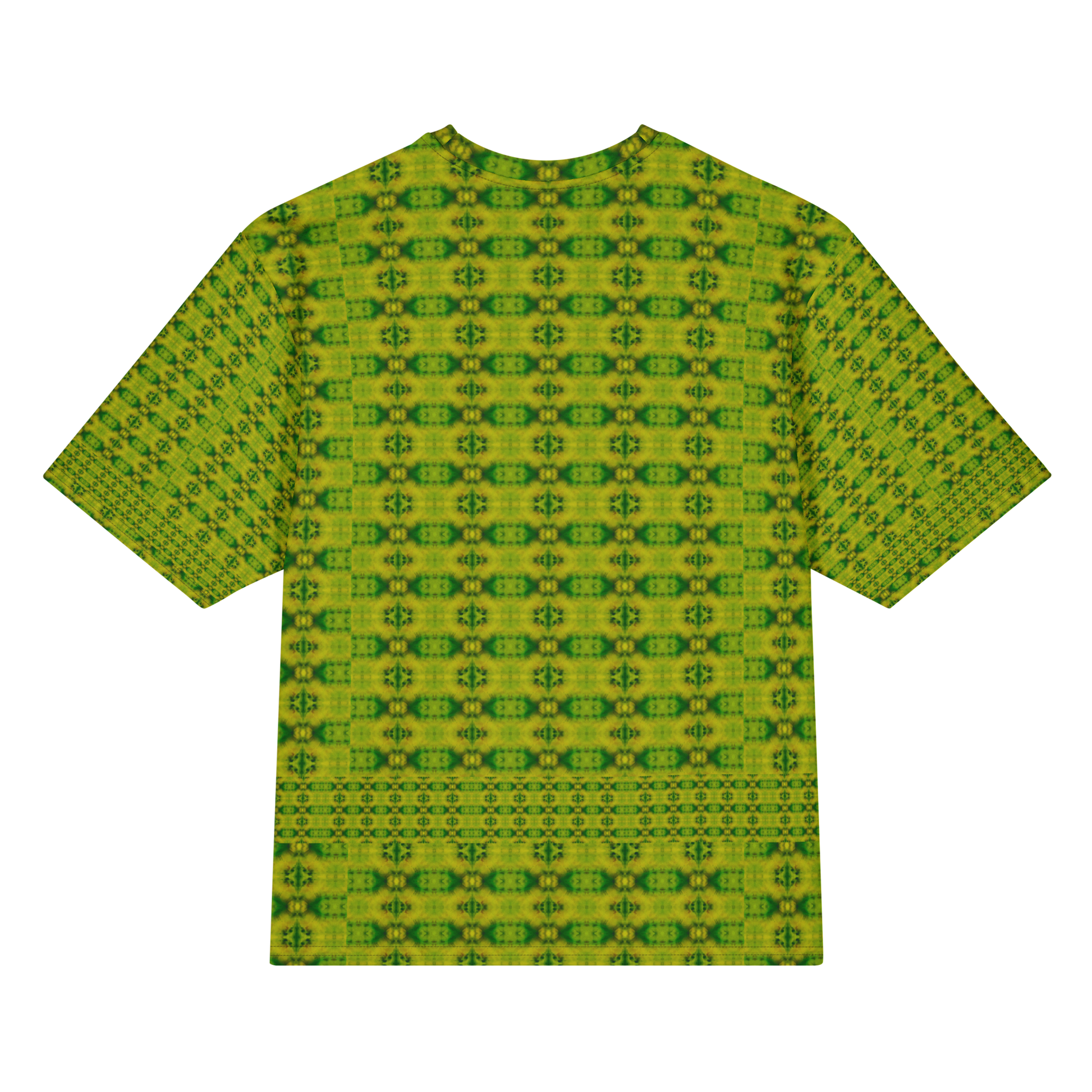 Back view of Purely Jade Light Cotton OverSized T-Shirt with yellow-green vertical small medallion columns and lower lattice band and patterned sleeve panels by RJSTH.