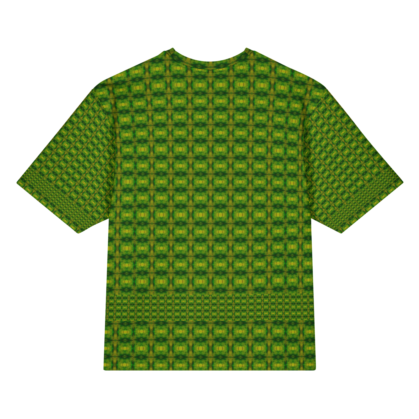 Back view of Purely Jade Light Cotton OverSized T-Shirt with green-yellow grid medallion repeat and lower lattice band and patterned sleeve panels by RJSTH.