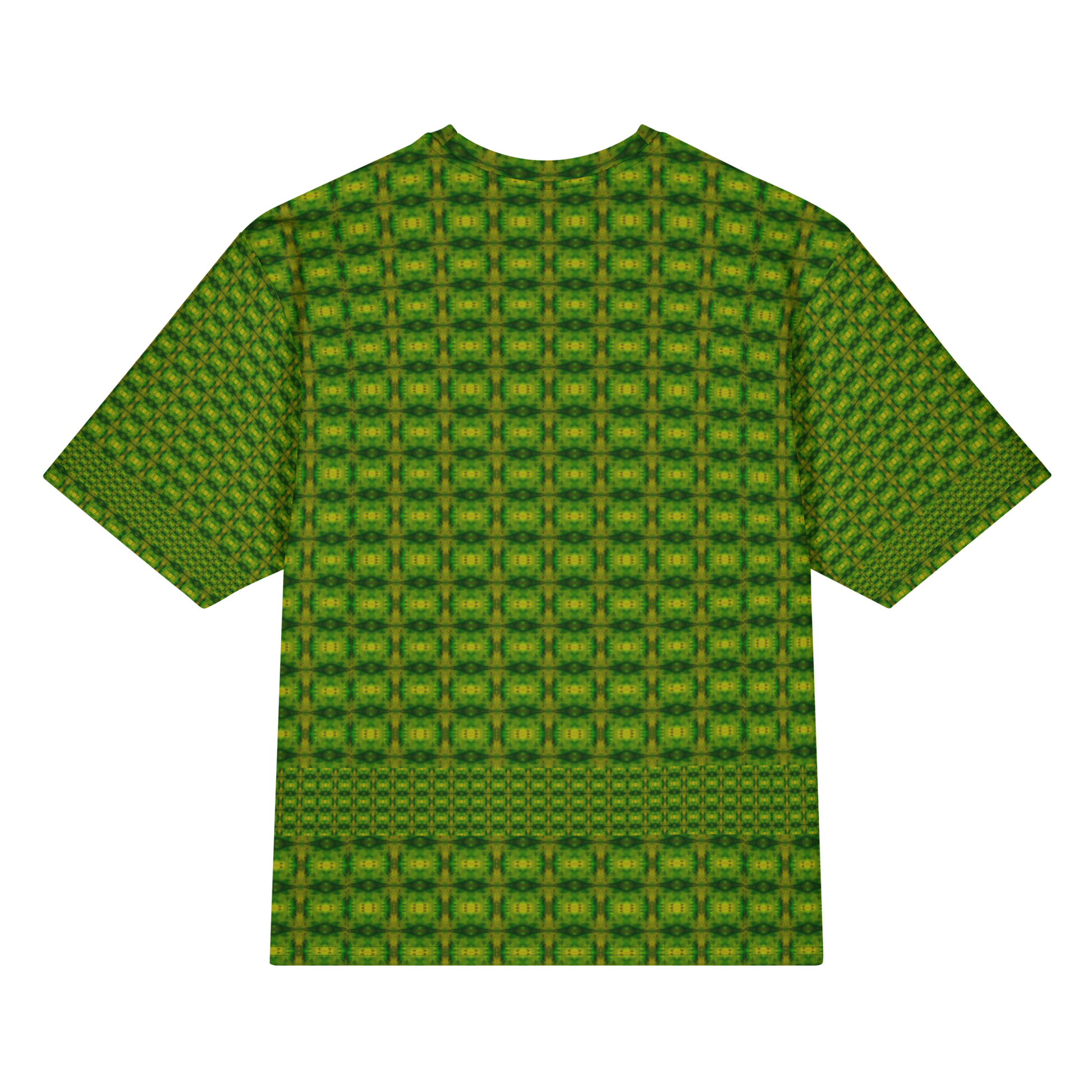 Back view of Purely Jade Light Cotton OverSized T-Shirt with green-yellow grid medallion repeat and lower lattice band and patterned sleeve panels by RJSTH.