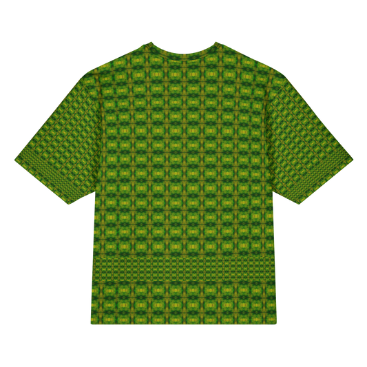 Back view of Purely Jade Light Cotton OverSized T-Shirt with green-yellow grid medallion repeat and lower lattice band and patterned sleeve panels by RJSTH.