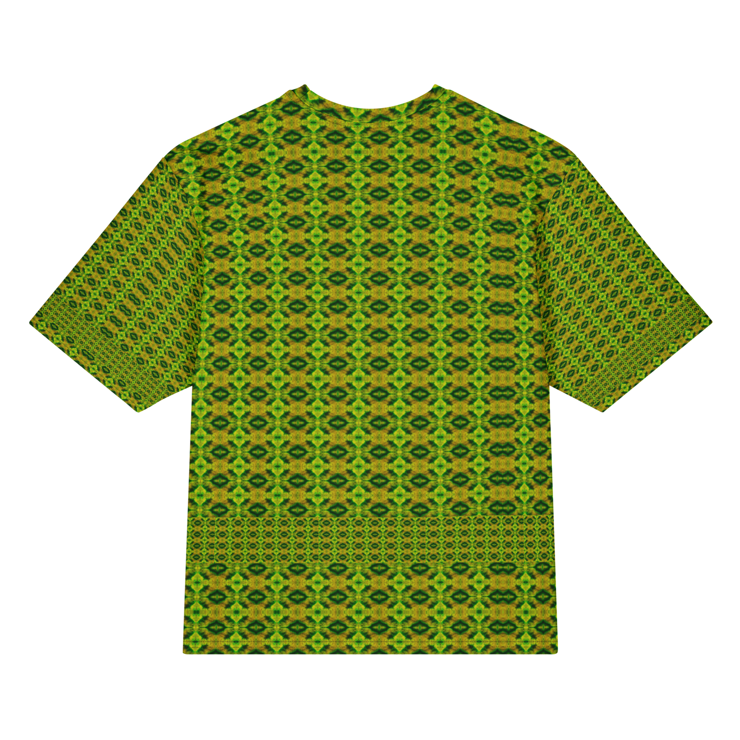 Back view of Purely Jade Light Cotton OverSized T-Shirt with tight yellow-green diamond lattice repeat and lower patterned band and patterned sleeve panels by RJSTH.