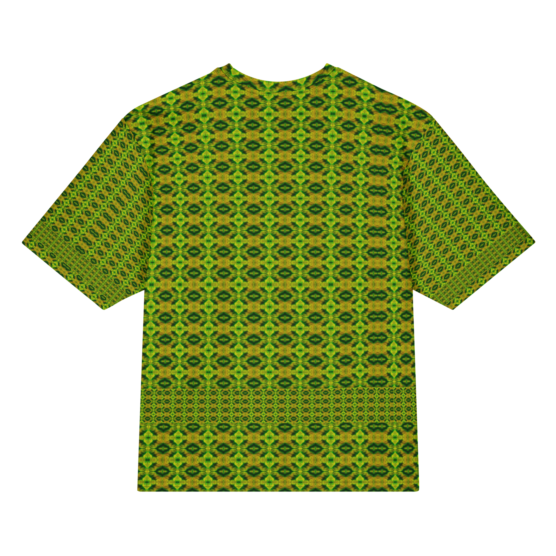 Back view of Purely Jade Light Cotton OverSized T-Shirt with tight yellow-green diamond lattice repeat and lower patterned band and patterned sleeve panels by RJSTH.