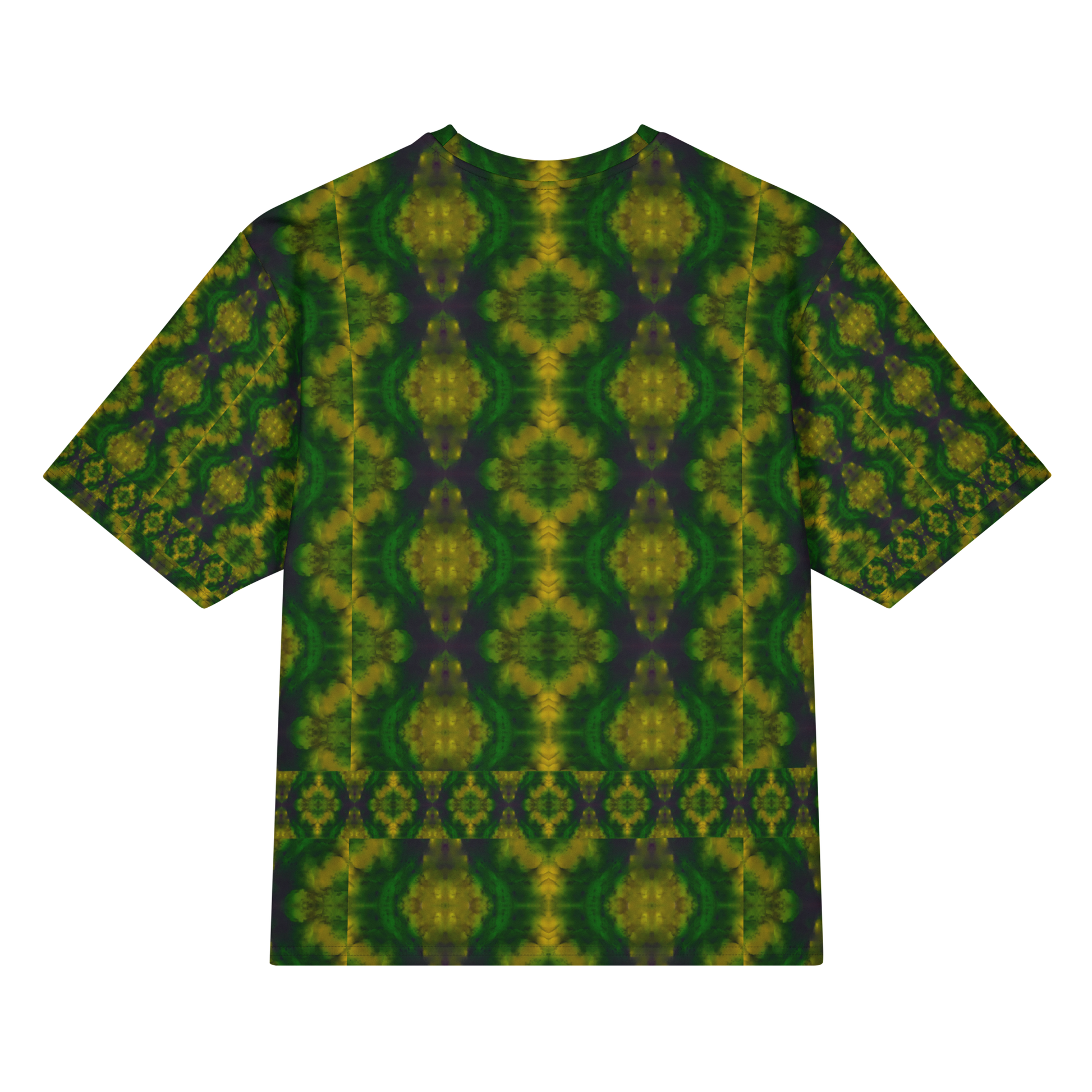 Back view of Purely Jade Light Cotton OverSized T-Shirt with dark green field, large yellow medallion oval forms, and lower horizontal band and patterned sleeve panels by RJSTH.