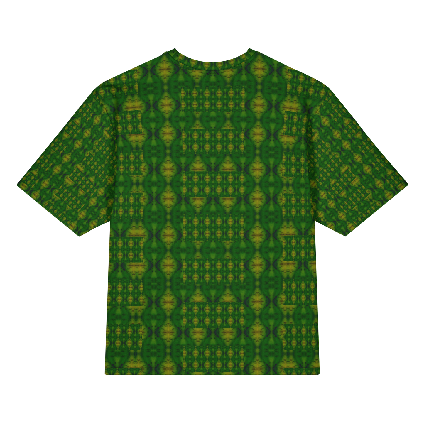 Back view of Purely Jade Light Cotton OverSized T-Shirt with green-dominant vertical lattice columns and small yellow medallions and patterned sleeve panels by RJSTH.