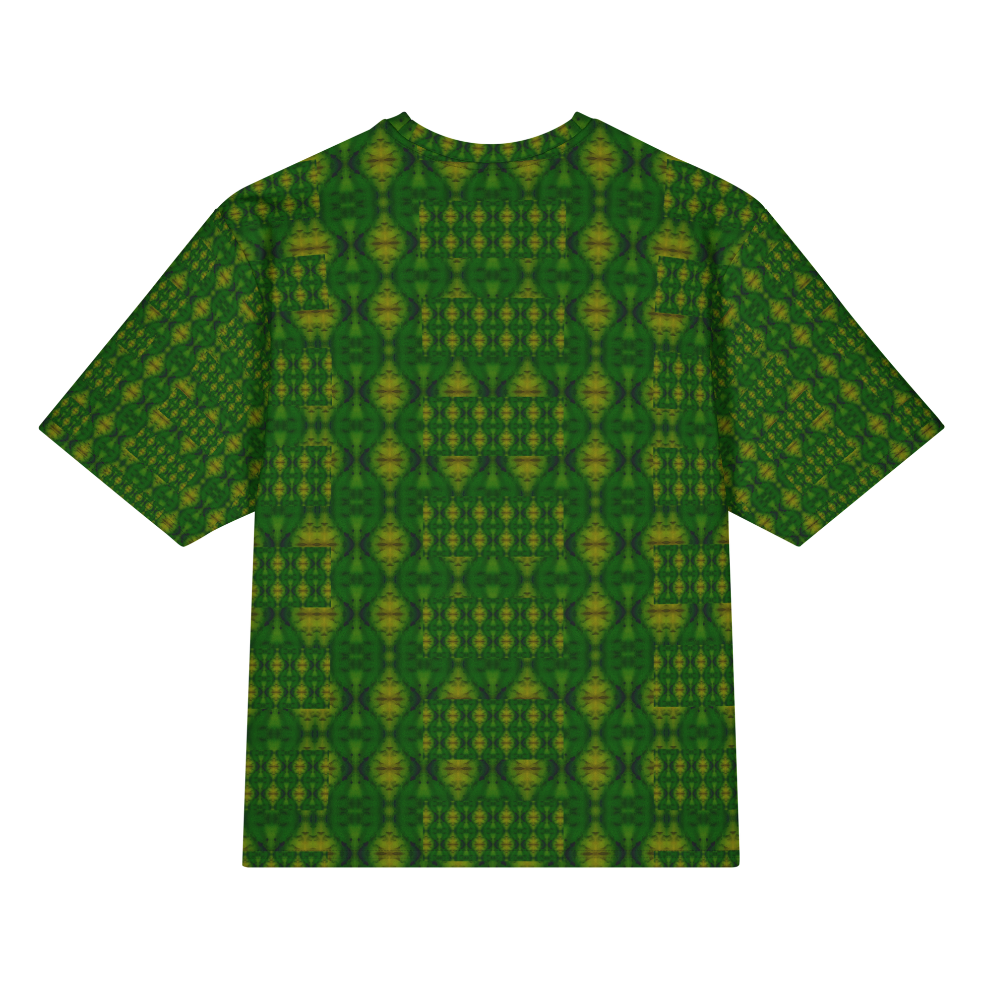 Back view of Purely Jade Light Cotton OverSized T-Shirt with green-dominant vertical lattice columns and small yellow medallions and patterned sleeve panels by RJSTH.