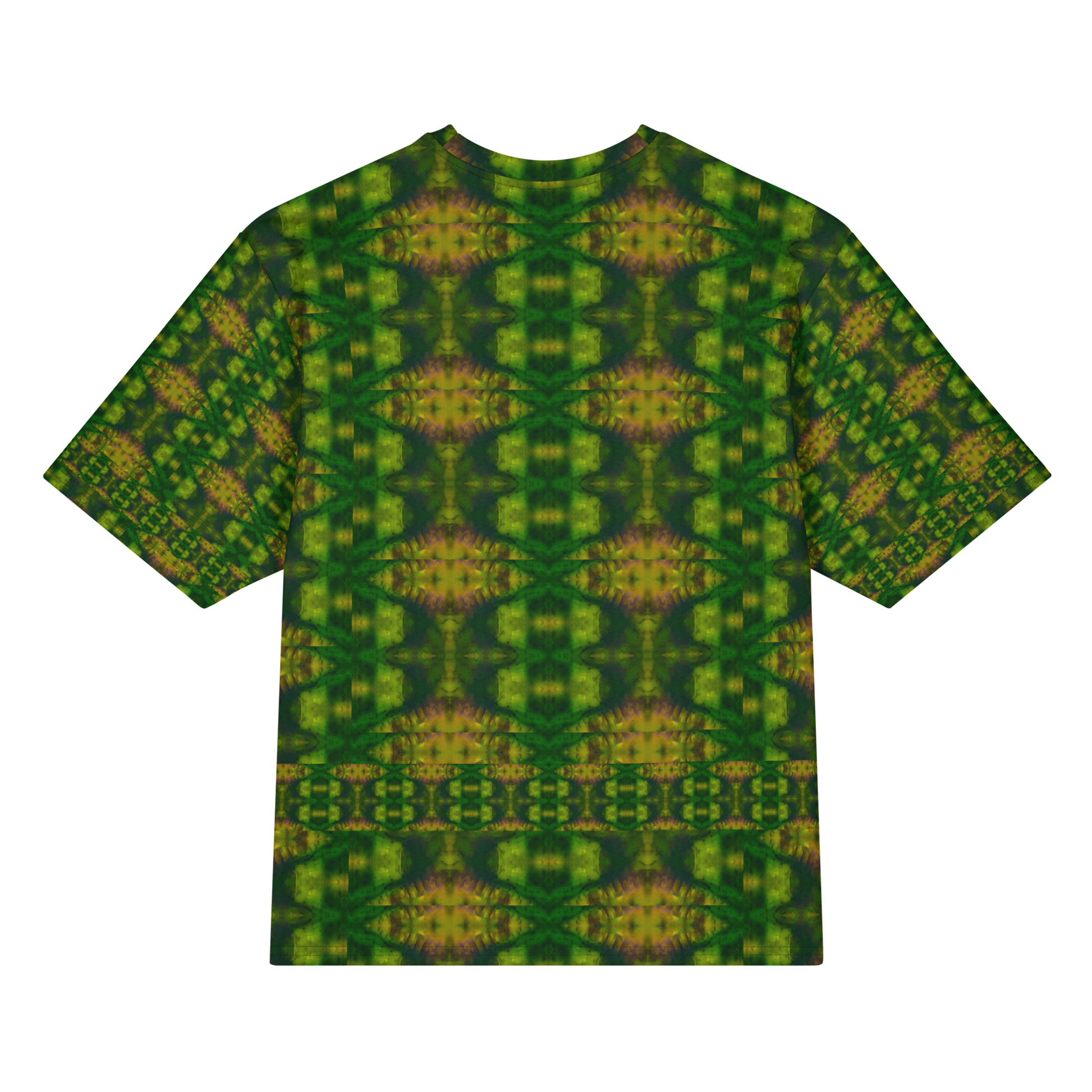 Back view of Purely Jade Light Cotton OverSized T-Shirt with dark green mirrored field, gold-orange central seams, and medallion rows and patterned sleeve panels by RJSTH.