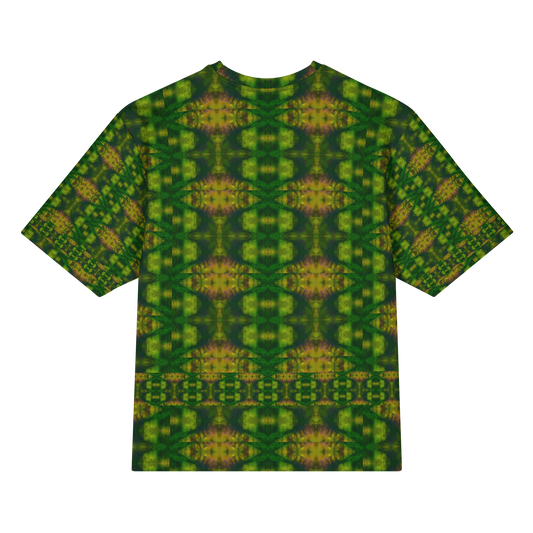 Back view of Purely Jade Light Cotton OverSized T-Shirt with dark green mirrored field, gold-orange central seams, and medallion rows and patterned sleeve panels by RJSTH.