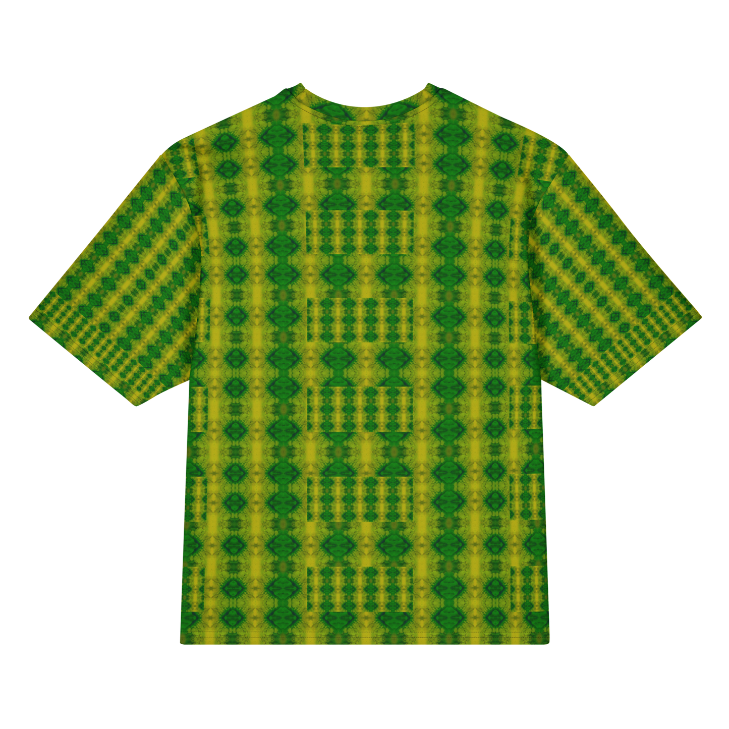 Back view of Purely Jade Light Cotton OverSized T-Shirt with green-yellow vertical column pattern and dark green diamond medallion motifs and patterned sleeve panels by RJSTH.