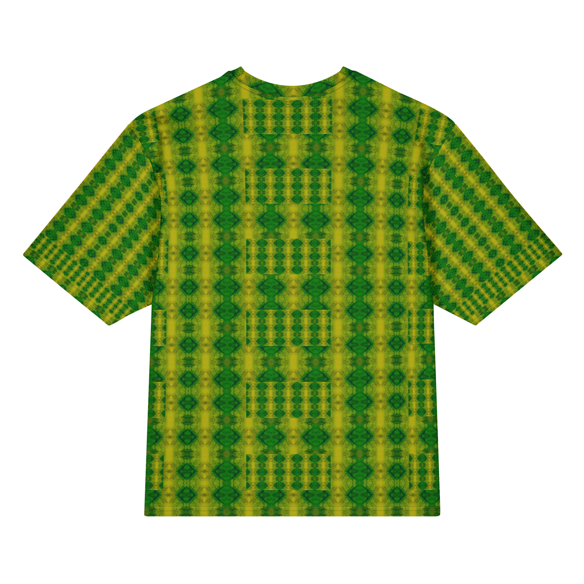Back view of Purely Jade Light Cotton OverSized T-Shirt with green-yellow vertical column pattern and dark green diamond medallion motifs and patterned sleeve panels by RJSTH.