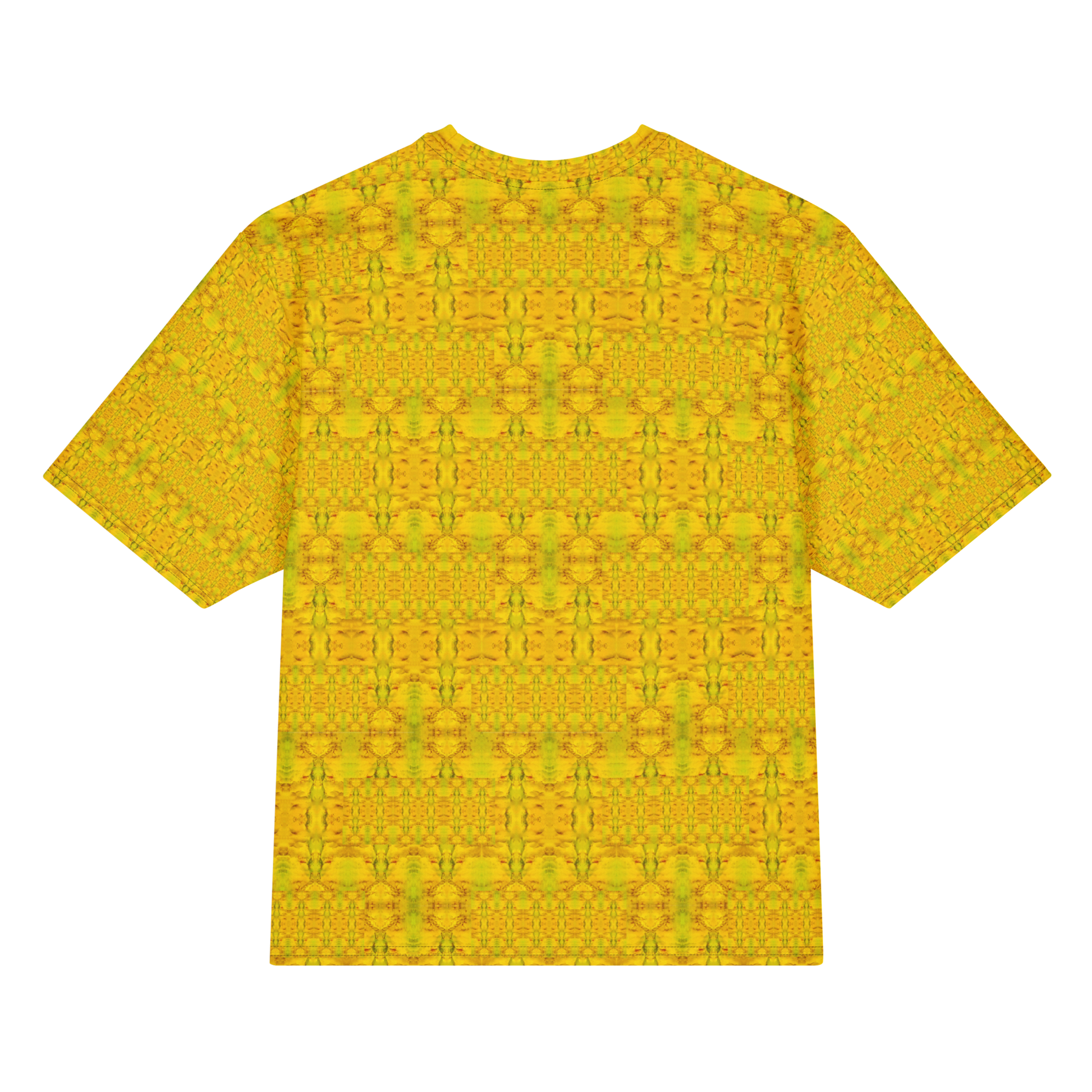 Back view of Purely Jade Light Cotton OverSized T-Shirt with gold-dominant yellow jade field, fine green vertical lattice, and subtle horizontal bands and patterned sleeve panels by RJSTH.