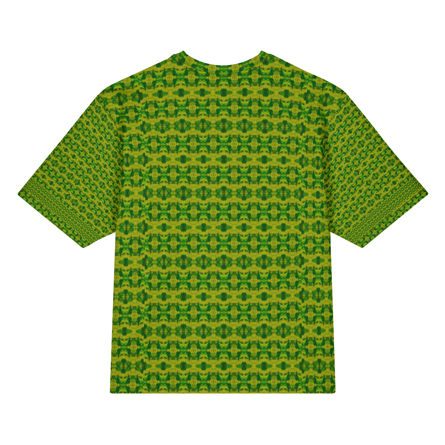 Back view of Purely Jade Light Cotton OverSized T-Shirt with bright yellow-green small medallion lattice field and patterned sleeve panels by RJSTH.