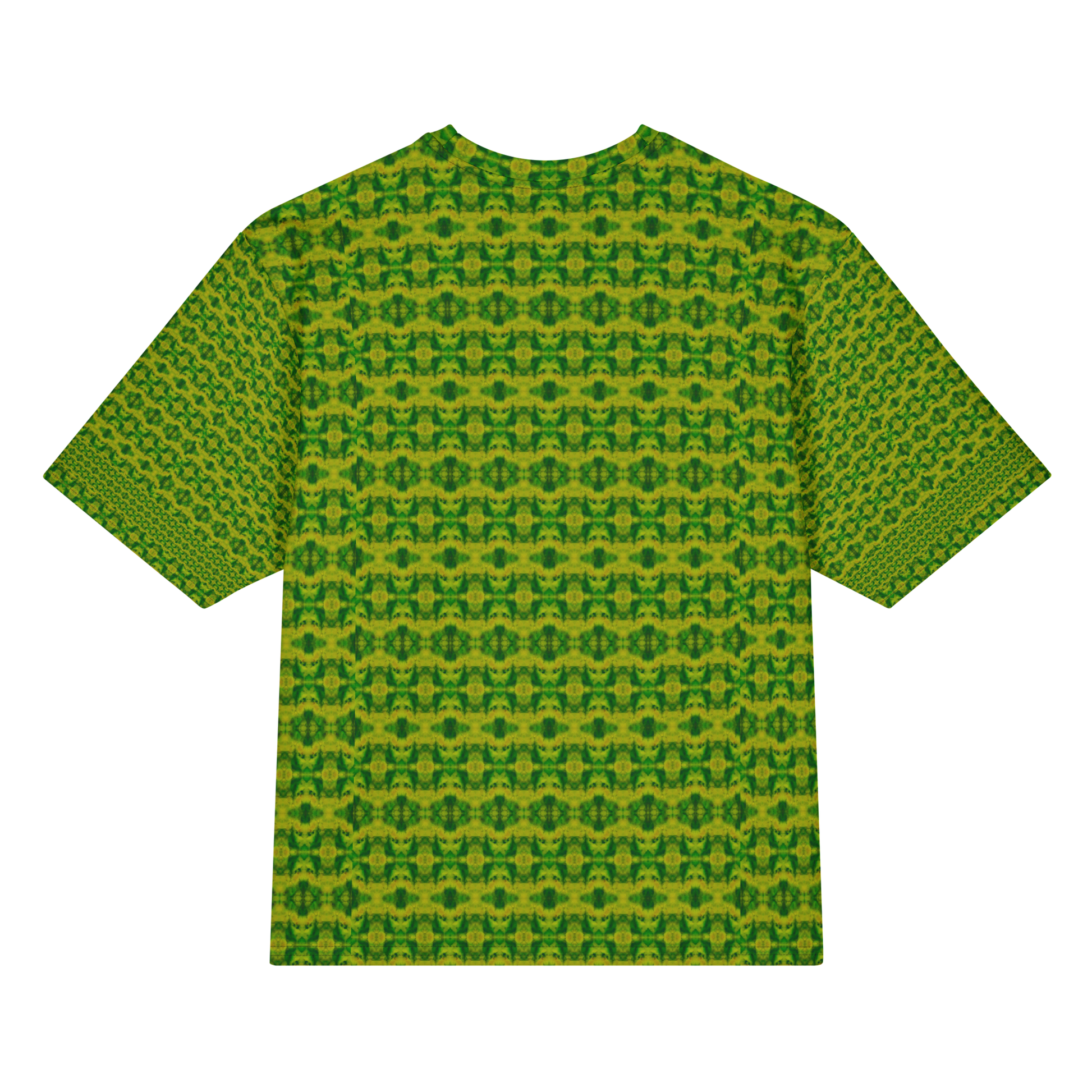 Back view of Purely Jade Light Cotton OverSized T-Shirt with bright yellow-green small medallion lattice field and patterned sleeve panels by RJSTH.