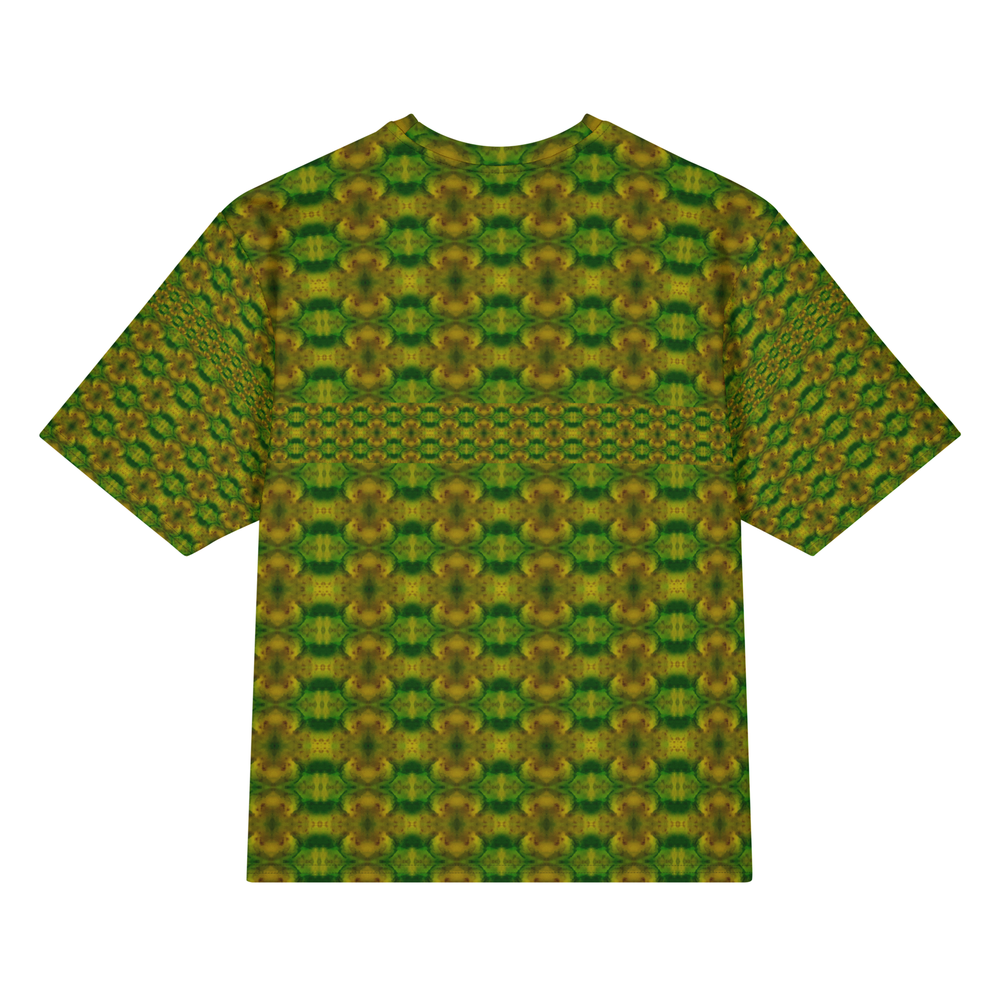 Back view of Purely Jade Light Cotton OverSized T-Shirt with green-gold medallion repeats and a horizontal small lattice band across the body and patterned sleeve panels by RJSTH.
