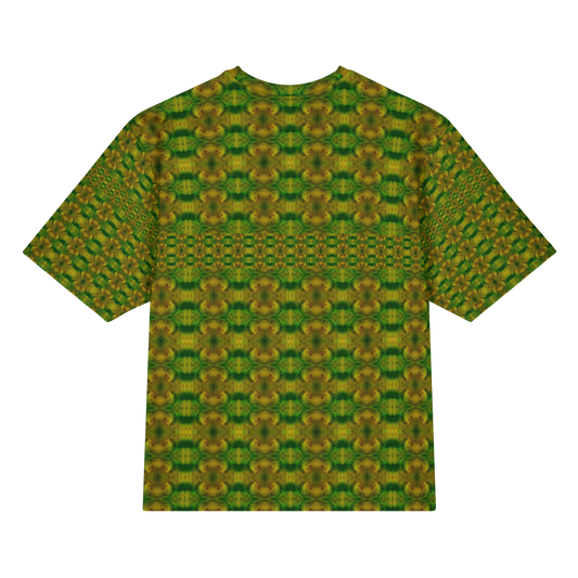 Back view of Purely Jade Light Cotton OverSized T-Shirt with green-gold medallion repeats and a horizontal small lattice band across the body and patterned sleeve panels by RJSTH.