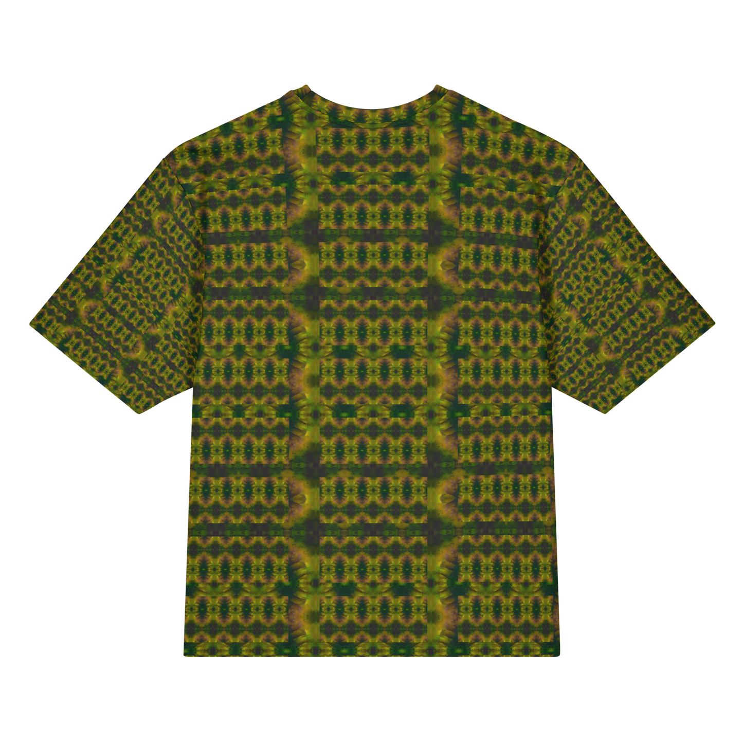 Back view of Purely Jade Light Cotton OverSized T-Shirt with dark green and gold vertical small medallion rows with darker side columns and patterned sleeve panels by RJSTH.