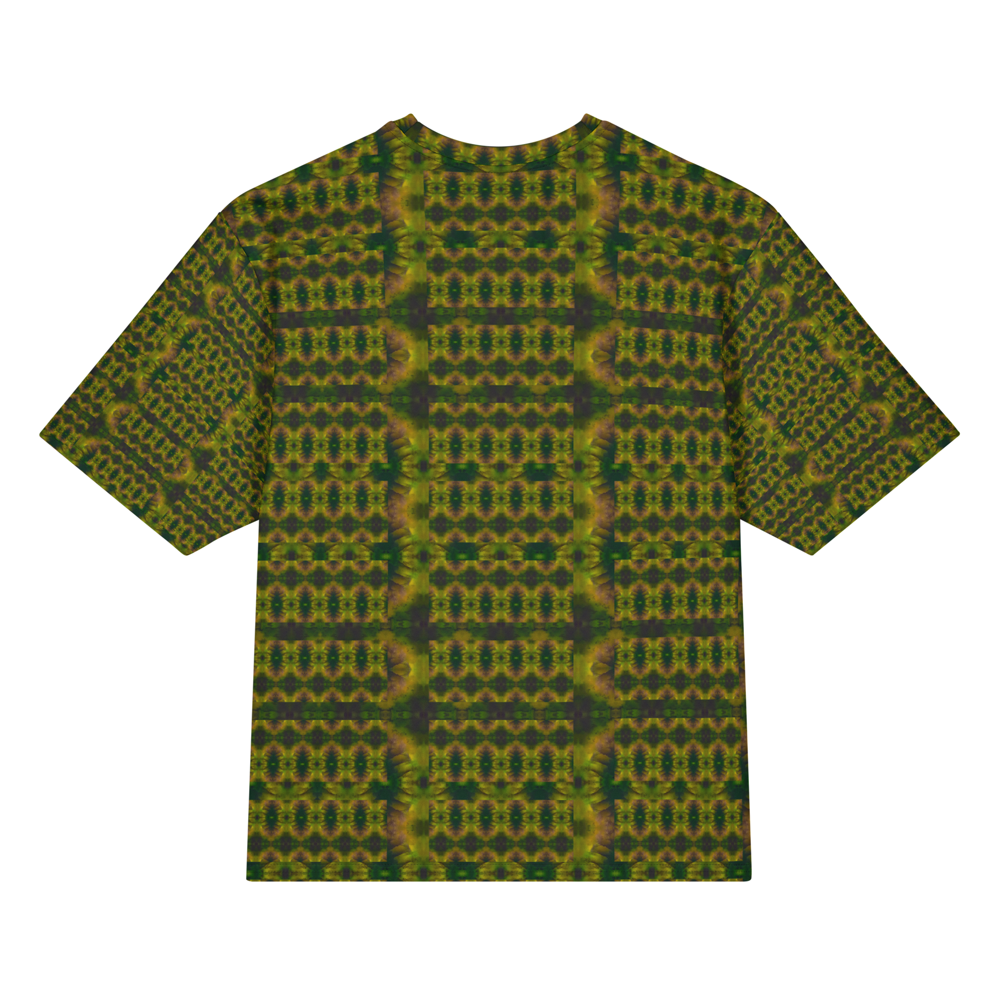 Back view of Purely Jade Light Cotton OverSized T-Shirt with dark green and gold vertical small medallion rows with darker side columns and patterned sleeve panels by RJSTH.