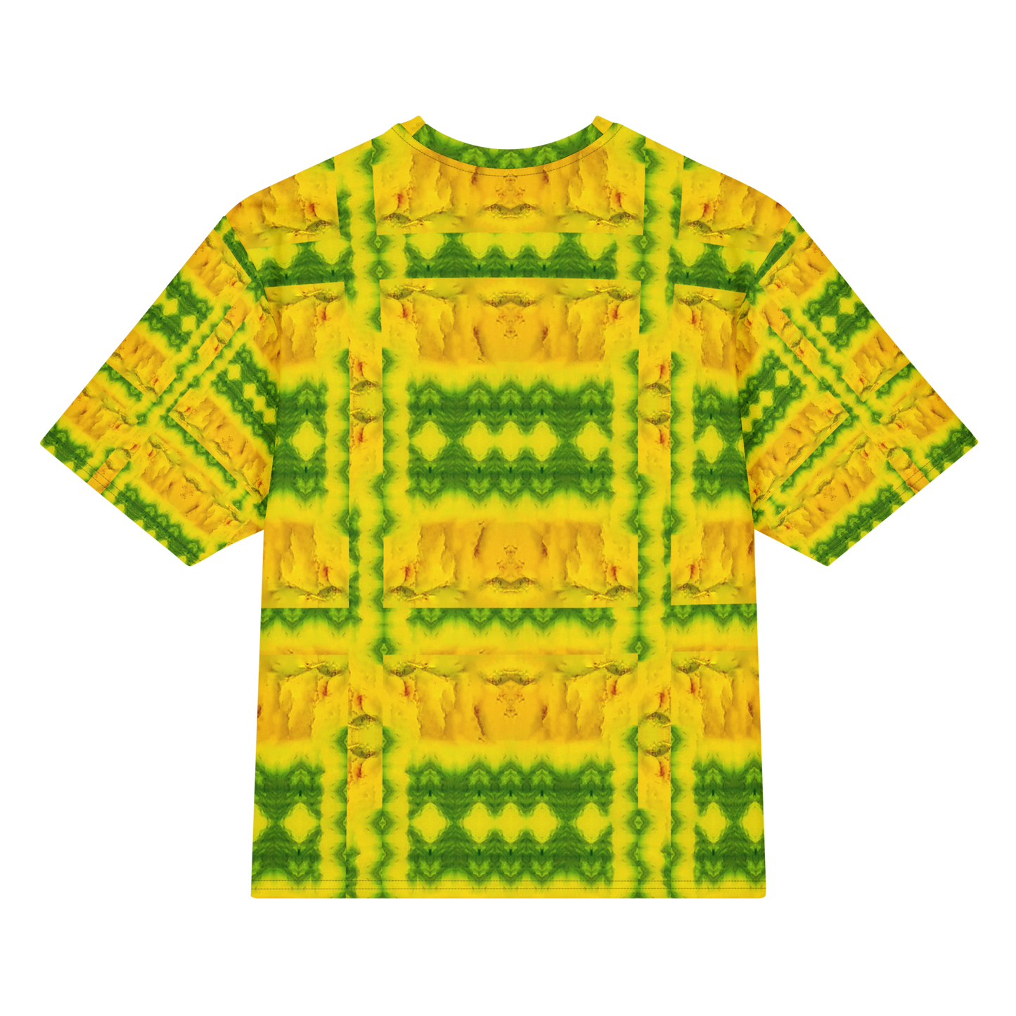 Back view of Purely Jade Light Cotton OverSized T-Shirt with bright yellow-gold rectangular chamber composition and green banding and patterned sleeve panels by RJSTH.