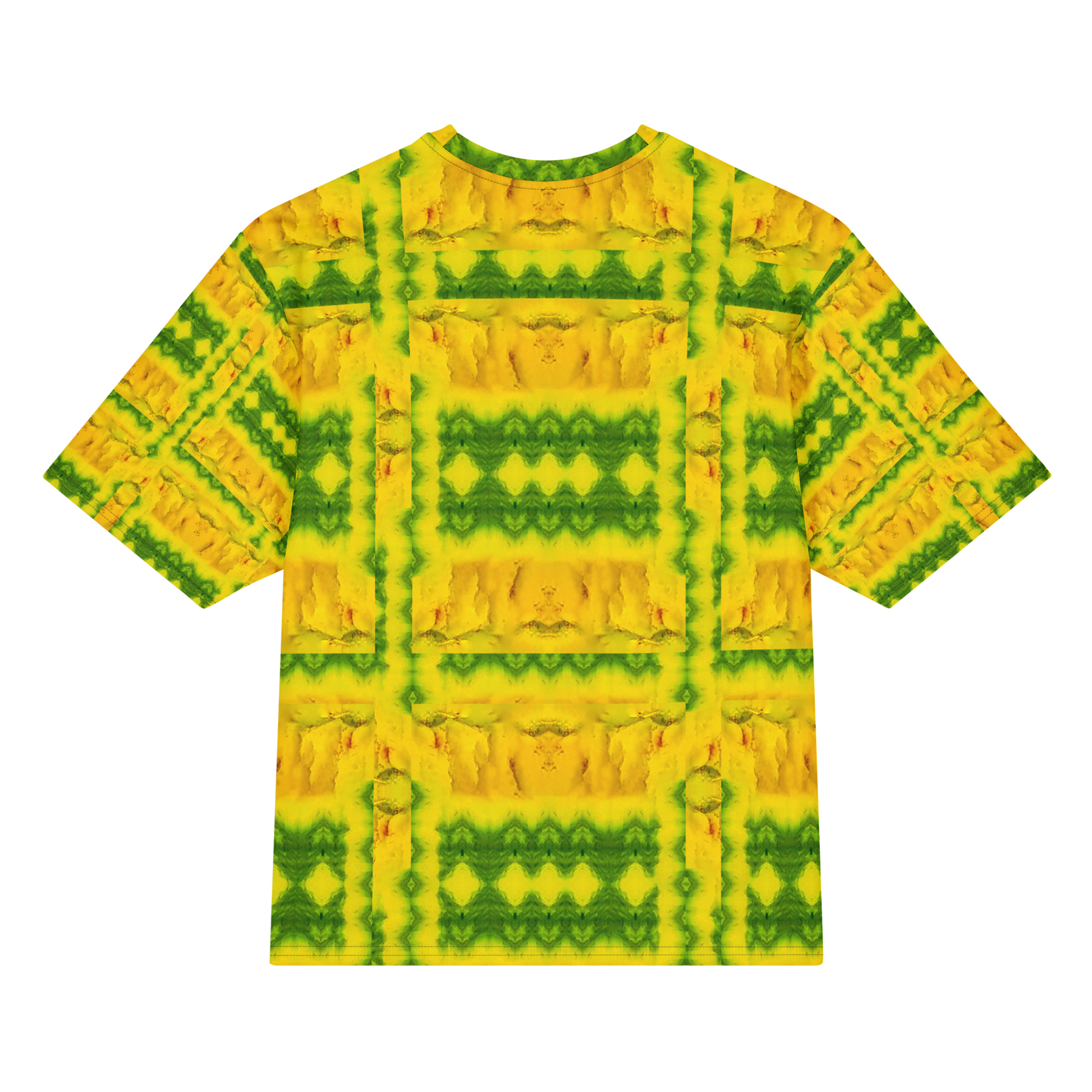 Back view of Purely Jade Light Cotton OverSized T-Shirt with bright yellow-gold rectangular chamber composition and green banding and patterned sleeve panels by RJSTH.