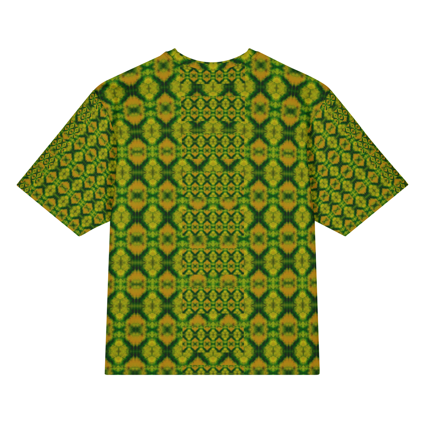 Back view of Purely Jade Light Cotton OverSized T-Shirt with green-and-gold jade print, mirrored diamond lattice, and small medallion grid by RJSTH.