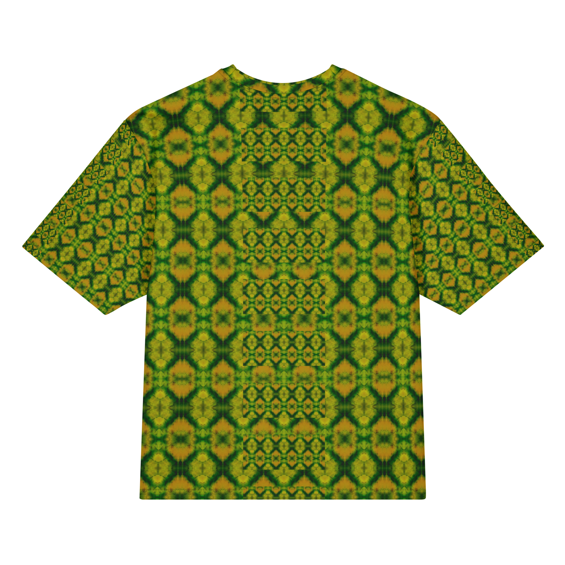 Back view of Purely Jade Light Cotton OverSized T-Shirt with green-and-gold jade print, mirrored diamond lattice, and small medallion grid by RJSTH.