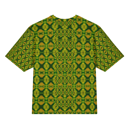Back view of Purely Jade Light Cotton OverSized T-Shirt with green-and-gold jade print, mirrored diamond lattice, and small medallion grid by RJSTH.