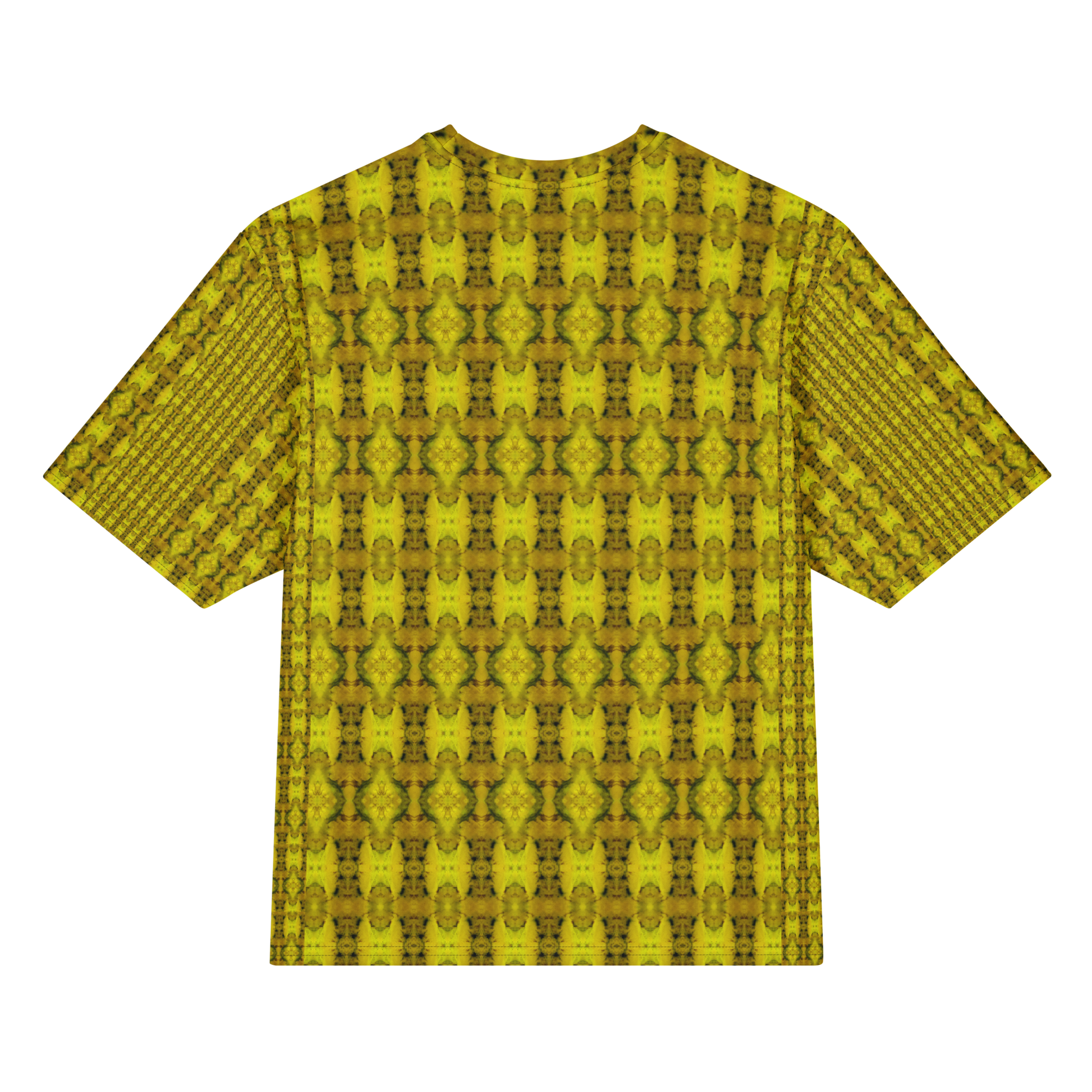 Back view of Purely Jade Light Cotton OverSized T-Shirt with gold-dominant dense medallion chamber repeat and patterned sleeve panels by RJSTH.