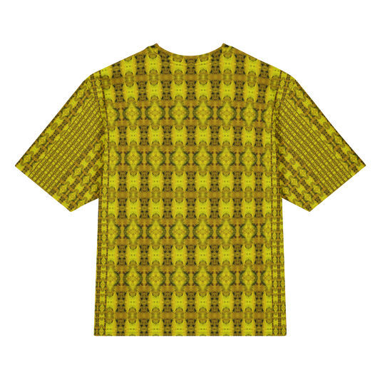 Back view of Purely Jade Light Cotton OverSized T-Shirt with gold-dominant dense medallion chamber repeat and patterned sleeve panels by RJSTH.