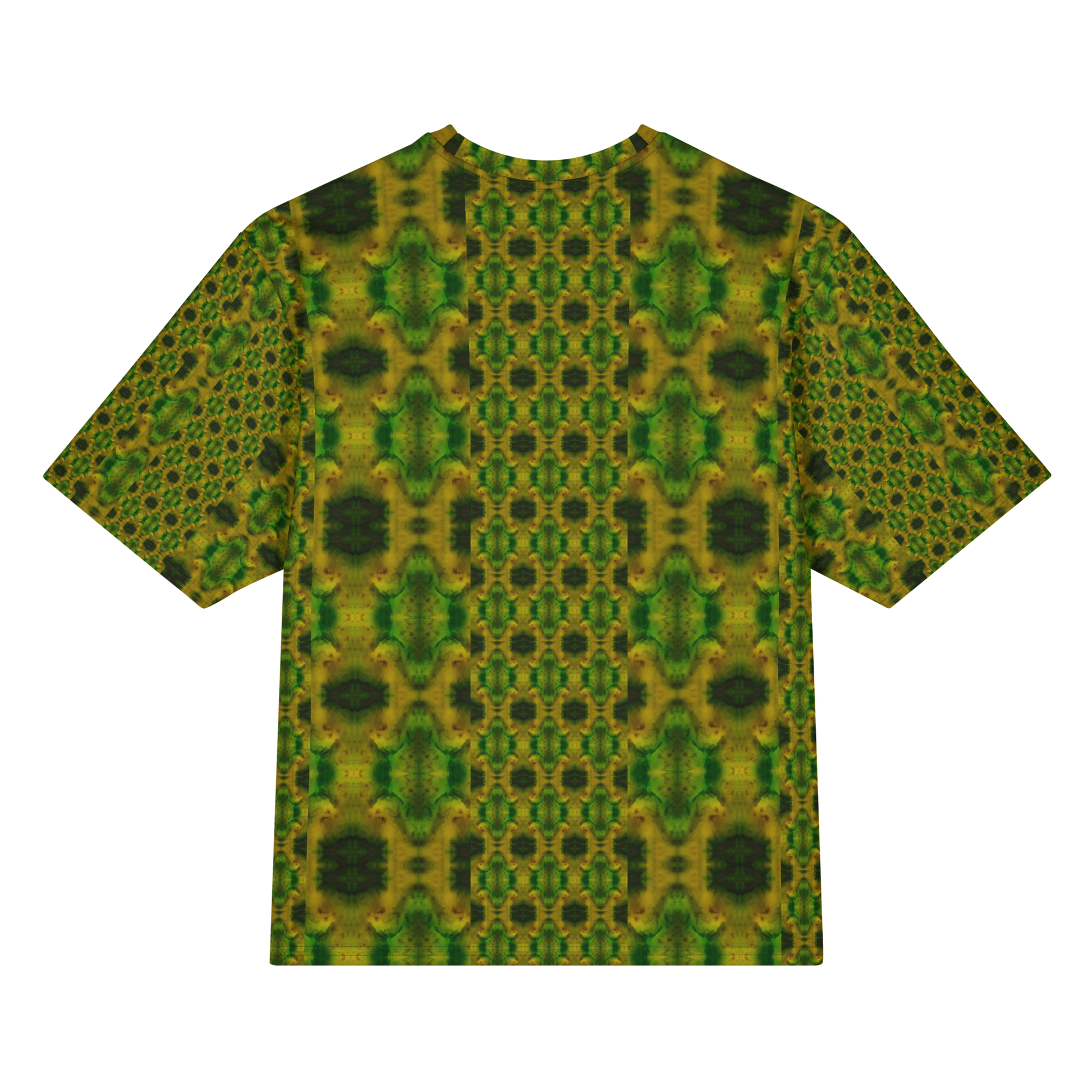 Back view of Purely Jade Light Cotton OverSized T-Shirt with green-yellow vertical composition, central small medallion column, and darker side panels and patterned sleeve panels by RJSTH.