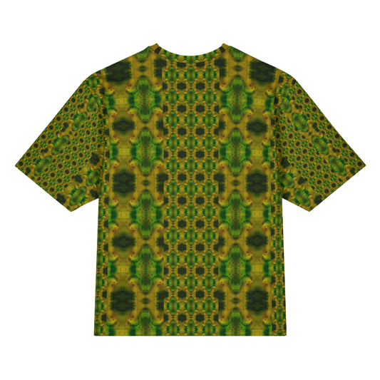 Back view of Purely Jade Light Cotton OverSized T-Shirt with green-yellow vertical composition, central small medallion column, and darker side panels and patterned sleeve panels by RJSTH.