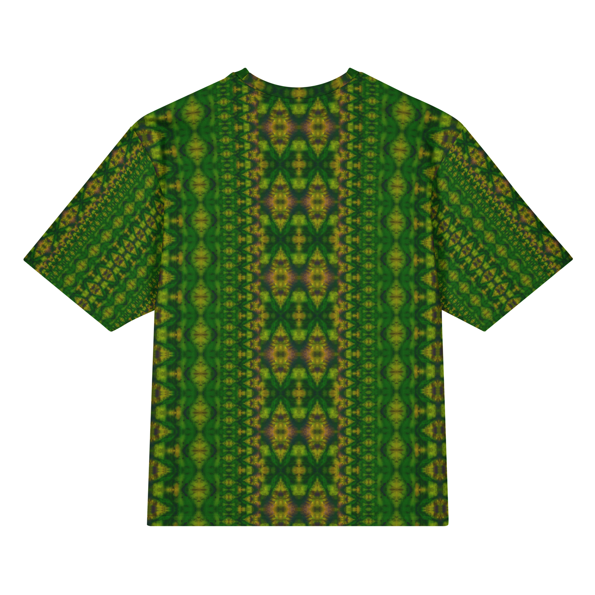 Back view of Purely Jade Light Cotton OverSized T-Shirt with dark green vertical lattice columns, yellow medallion highlights, and central mirrored column and patterned sleeve panels by RJSTH.