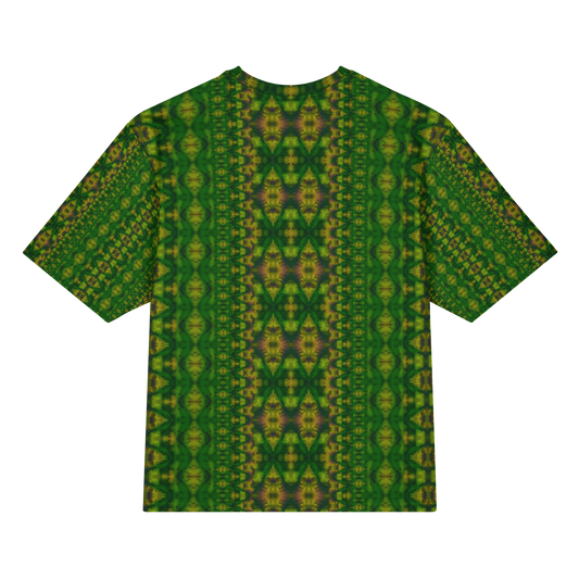 Back view of Purely Jade Light Cotton OverSized T-Shirt with dark green vertical lattice columns, yellow medallion highlights, and central mirrored column and patterned sleeve panels by RJSTH.