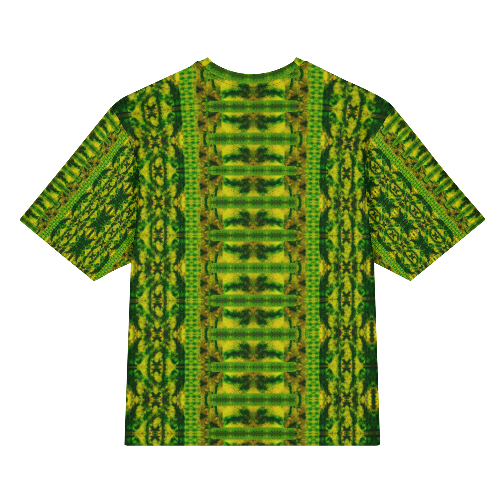 Back view of Purely Jade Light Cotton OverSized T-Shirt with green-yellow vertical panel layout, broad ladder-like central chamber band, and dense side lattice and patterned sleeve panels by RJSTH.