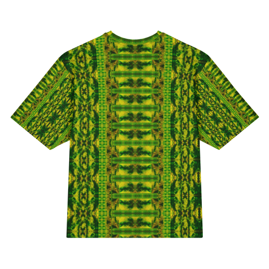 Back view of Purely Jade Light Cotton OverSized T-Shirt with green-yellow vertical panel layout, broad ladder-like central chamber band, and dense side lattice and patterned sleeve panels by RJSTH.