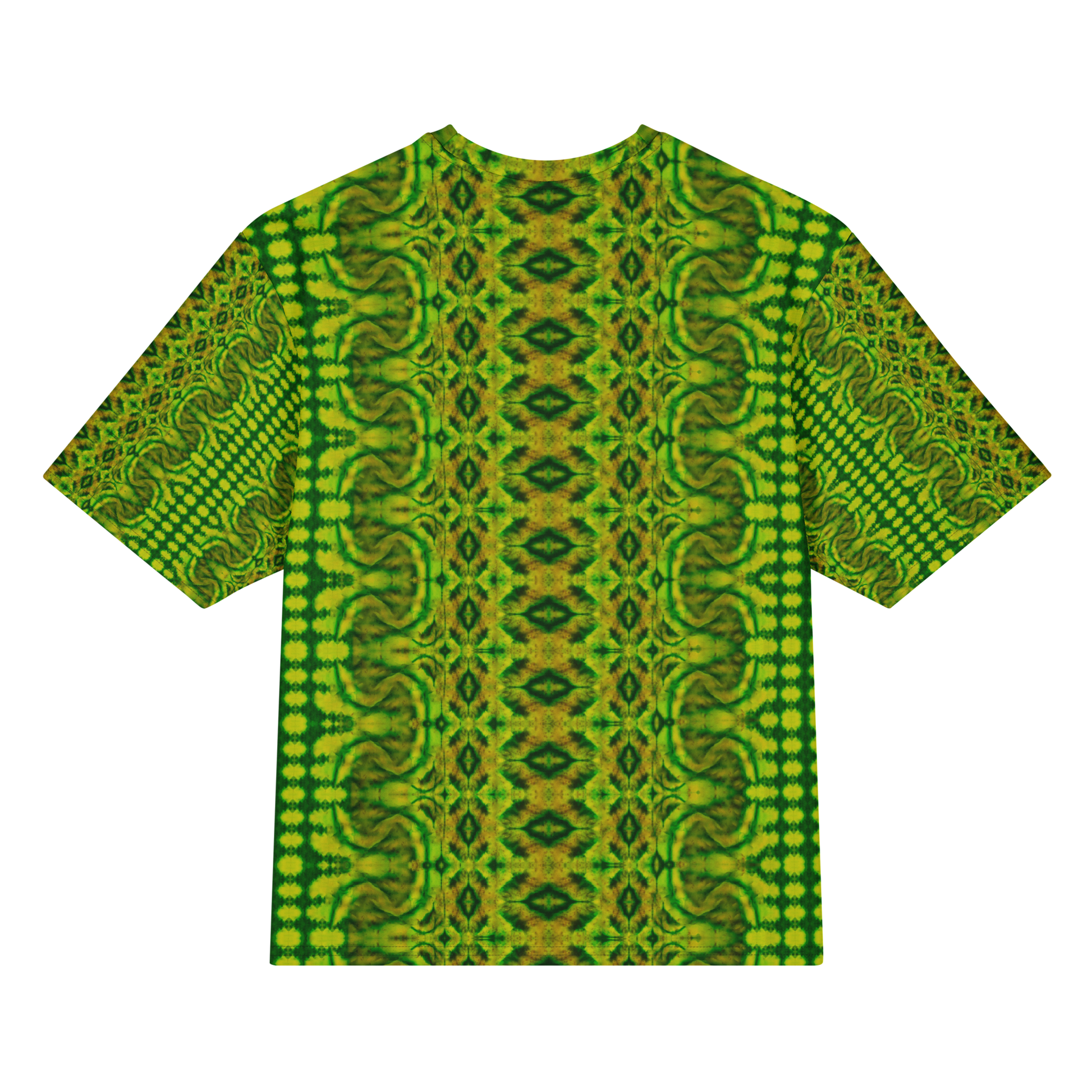 Back view of Purely Jade Light Cotton OverSized T-Shirt with green-yellow ornate vertical lattice, wavy borders, and a central medallion diamond column and patterned sleeve panels by RJSTH.