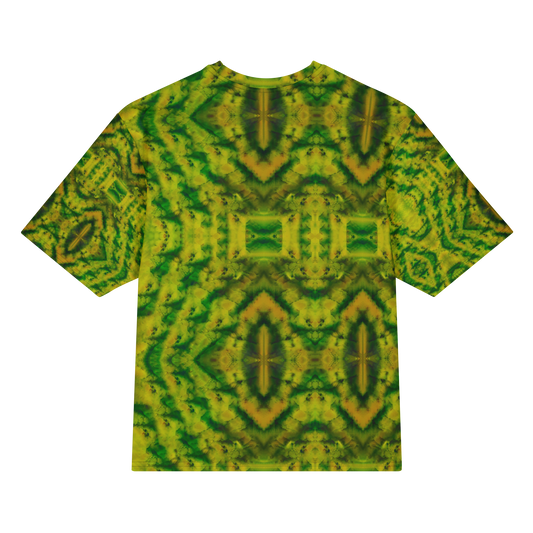 Back view of Purely Jade Light Cotton OverSized T-Shirt with yellow-green mirrored field, centered rectangular chamber forms, and vertical diamond motifs and patterned sleeve panels by RJSTH.