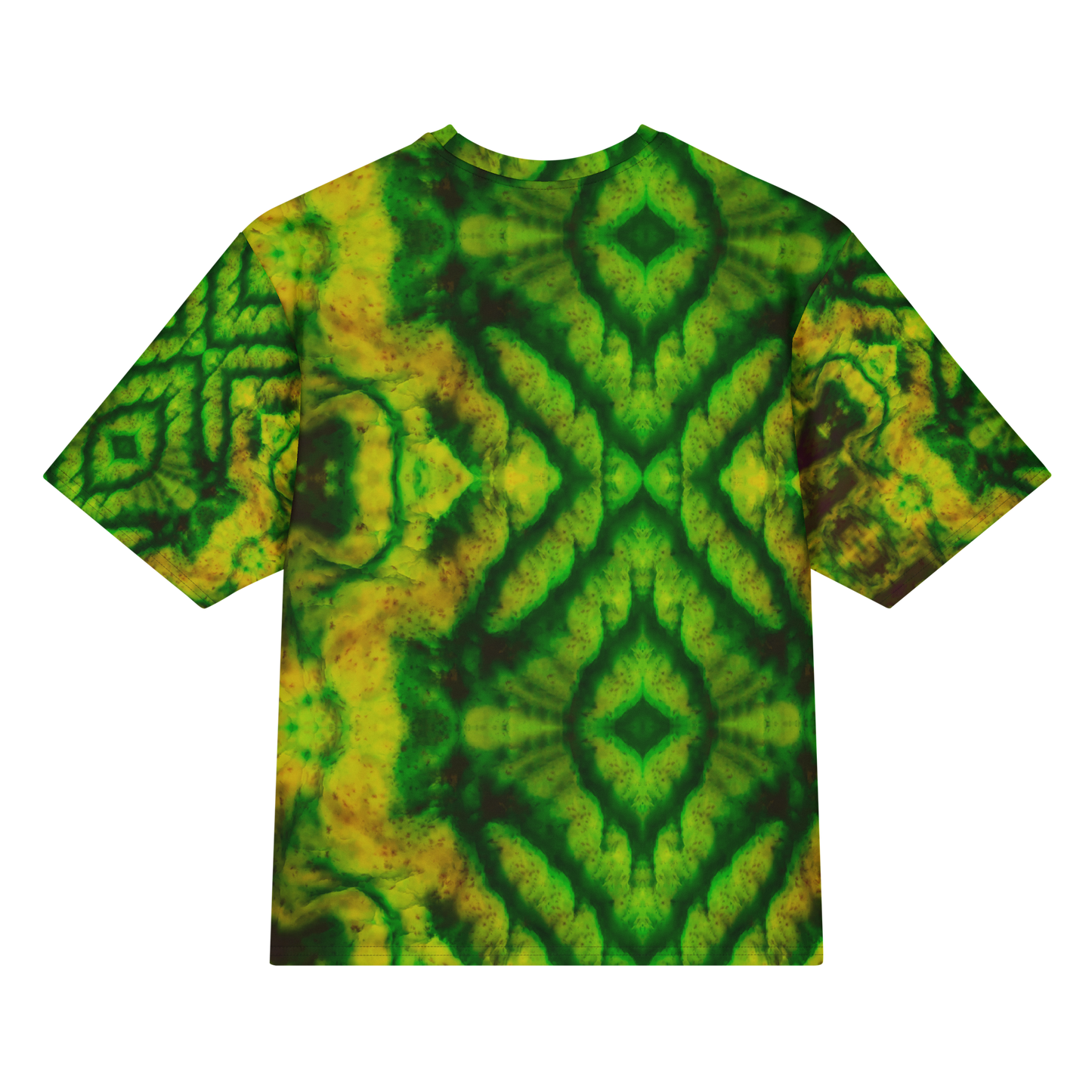 Back view of Purely Jade Light Cotton OverSized T-Shirt with green-yellow mirrored diamond field and large dark green central chamber forms and patterned sleeve panels by RJSTH.