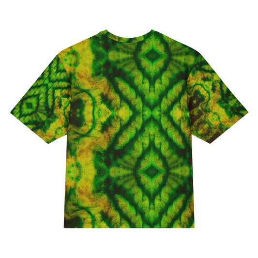 Back view of Purely Jade Light Cotton OverSized T-Shirt with green-yellow mirrored diamond field and large dark green central chamber forms and patterned sleeve panels by RJSTH.