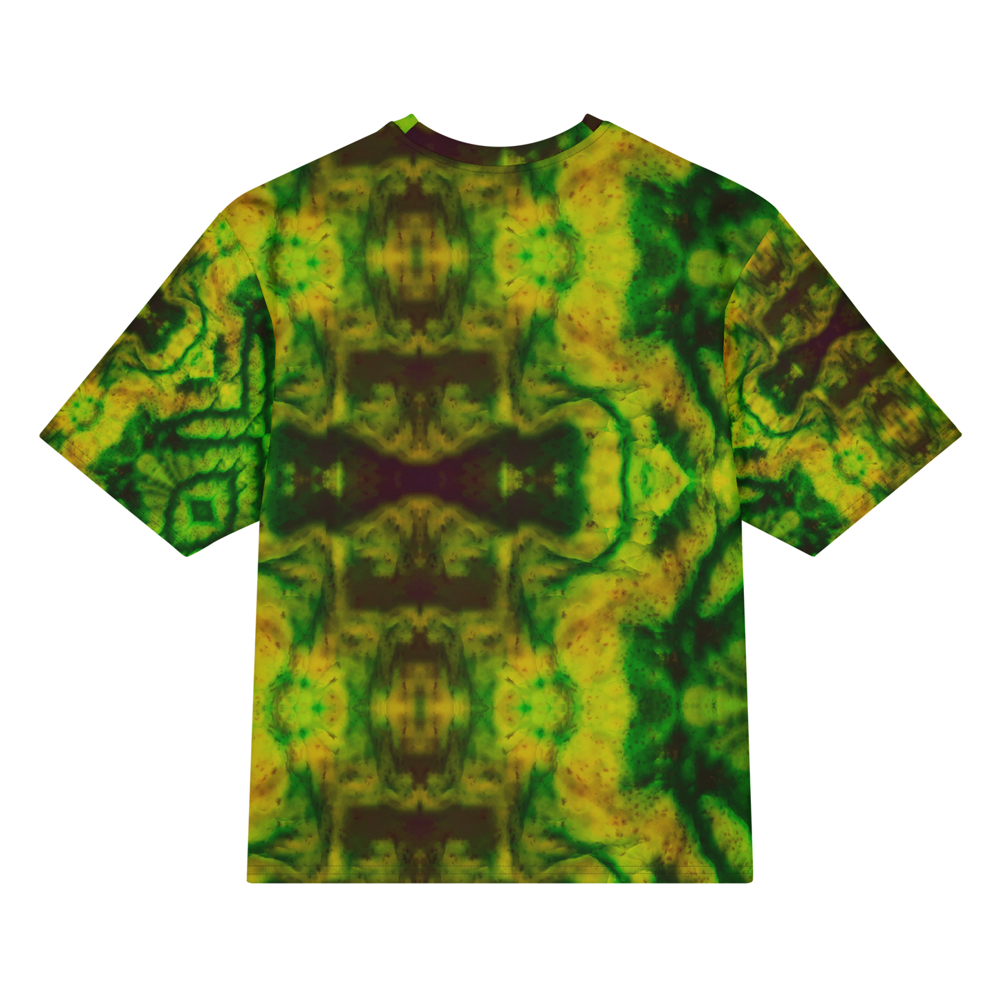 Back view of Purely Jade Light Cotton OverSized T-Shirt with green-yellow mineral field and a broad dark central mirrored form and patterned sleeve panels by RJSTH.