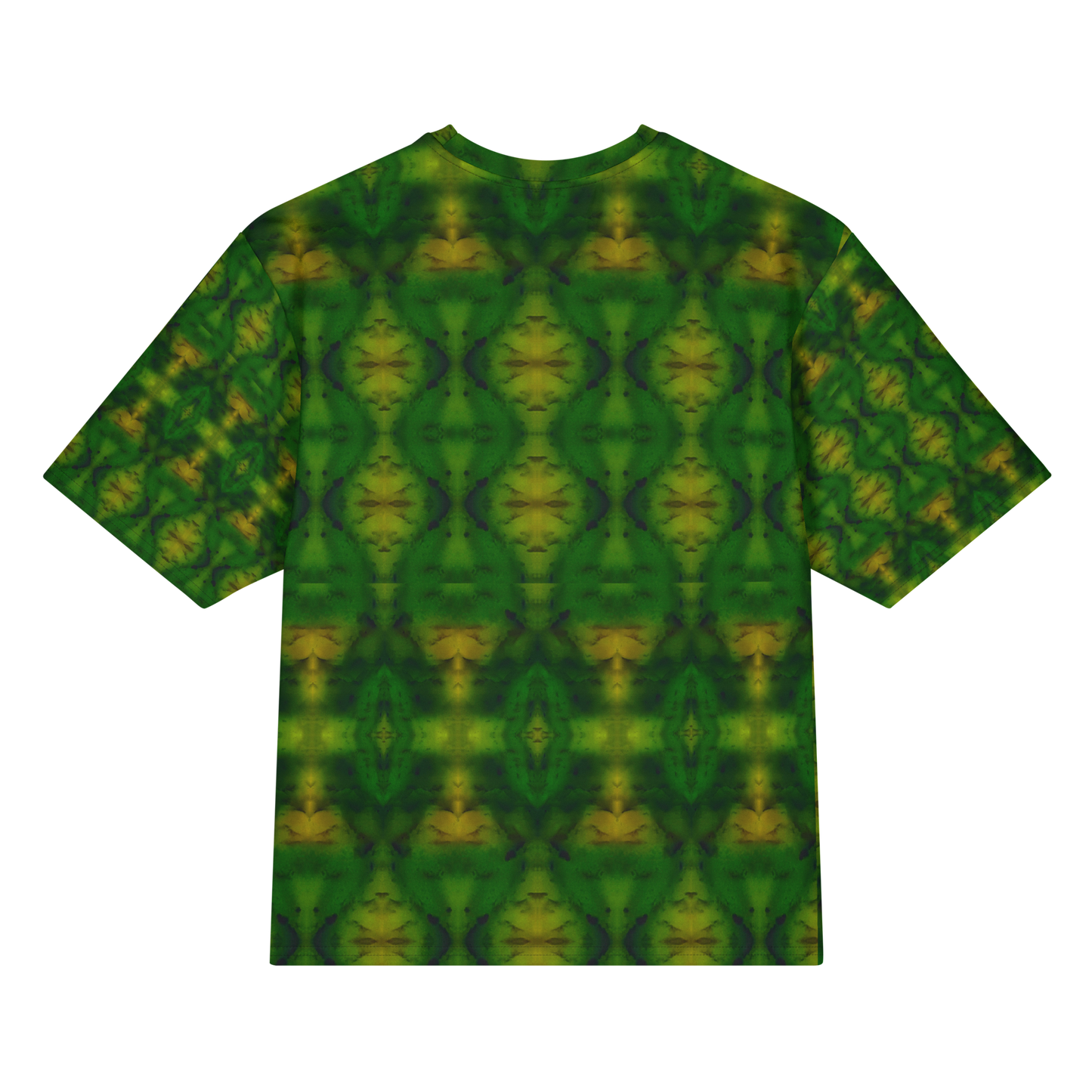 Back view of Purely Jade Light Cotton OverSized T-Shirt with green field, vertical mirrored urn and diamond columns, and yellow highlights and patterned sleeve panels by RJSTH.