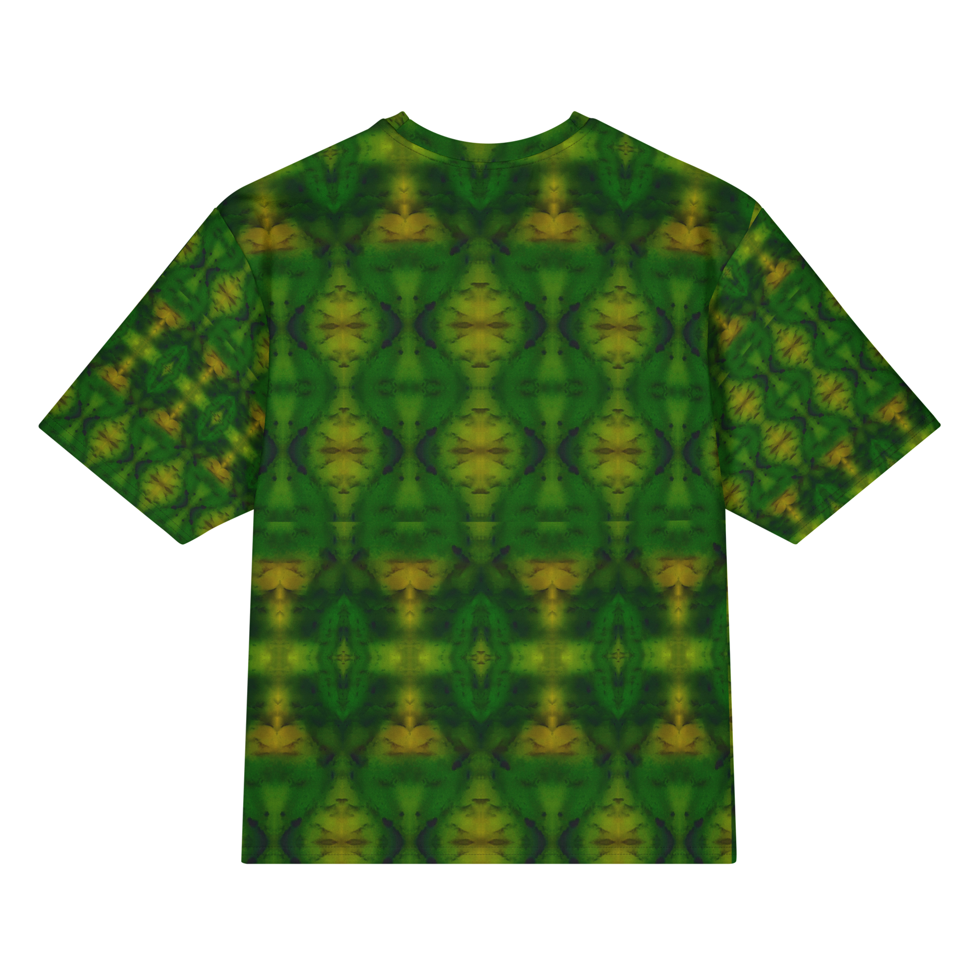 Back view of Purely Jade Light Cotton OverSized T-Shirt with green field, vertical mirrored urn and diamond columns, and yellow highlights and patterned sleeve panels by RJSTH.