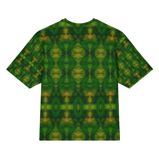 Back view of Purely Jade Light Cotton OverSized T-Shirt with green field, vertical mirrored urn and diamond columns, and yellow highlights and patterned sleeve panels by RJSTH.