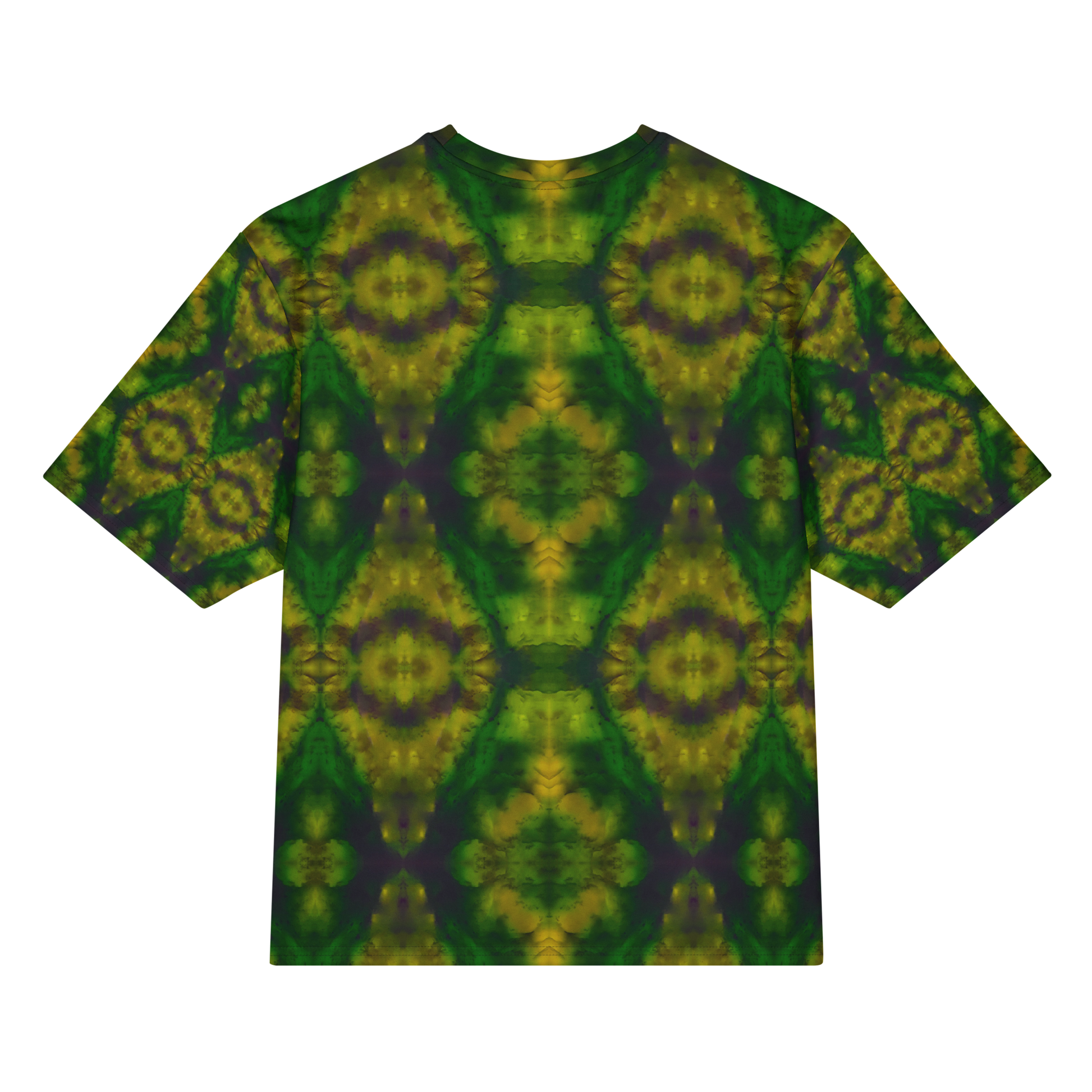 Back view of Purely Jade Light Cotton OverSized T-Shirt with dark green mirrored field and large yellow-green circular bloom medallions and patterned sleeve panels by RJSTH.