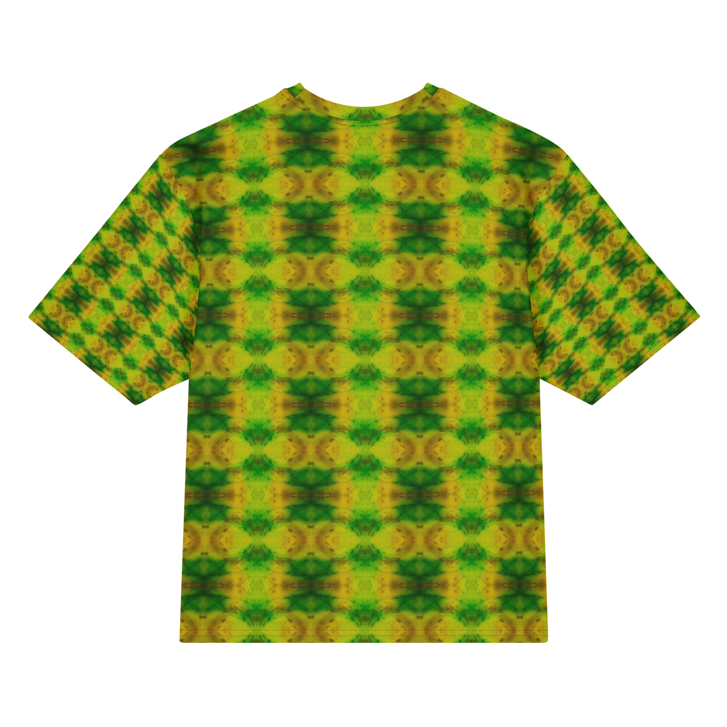 Back view of Purely Jade Light Cotton OverSized T-Shirt with bright green-yellow circular medallion rows over a soft clouded jade field and patterned sleeve panels by RJSTH.