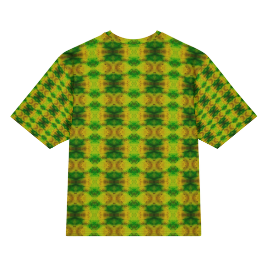 Back view of Purely Jade Light Cotton OverSized T-Shirt with bright green-yellow circular medallion rows over a soft clouded jade field and patterned sleeve panels by RJSTH.
