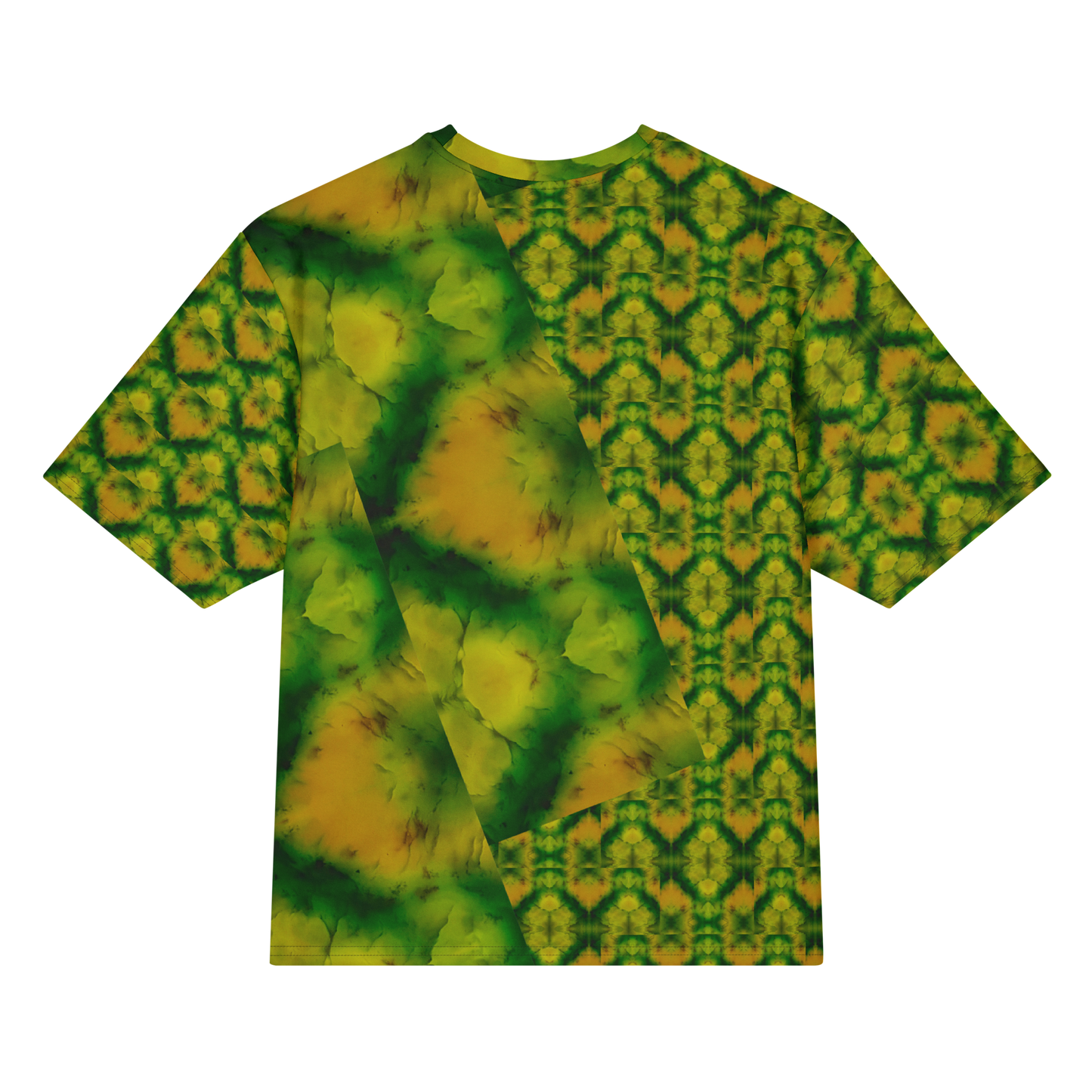 Back view of Purely Jade Light Cotton OverSized T-Shirt with split soft jade planes, right-side diamond lattice panel, and patterned sleeves by RJSTH.