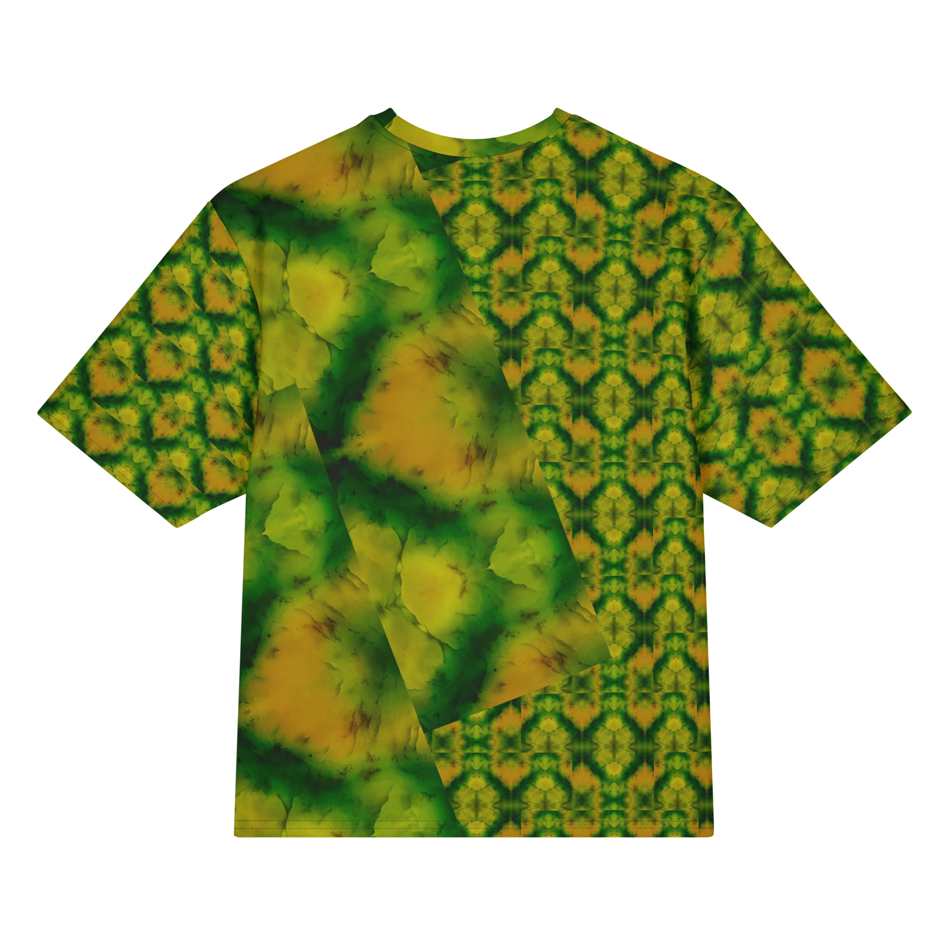 Back view of Purely Jade Light Cotton OverSized T-Shirt with split soft jade planes, right-side diamond lattice panel, and patterned sleeves by RJSTH.