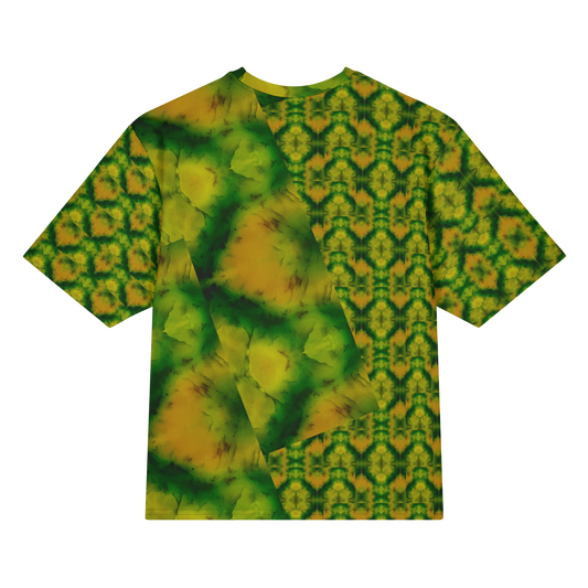 Back view of Purely Jade Light Cotton OverSized T-Shirt with split soft jade planes, right-side diamond lattice panel, and patterned sleeves by RJSTH.