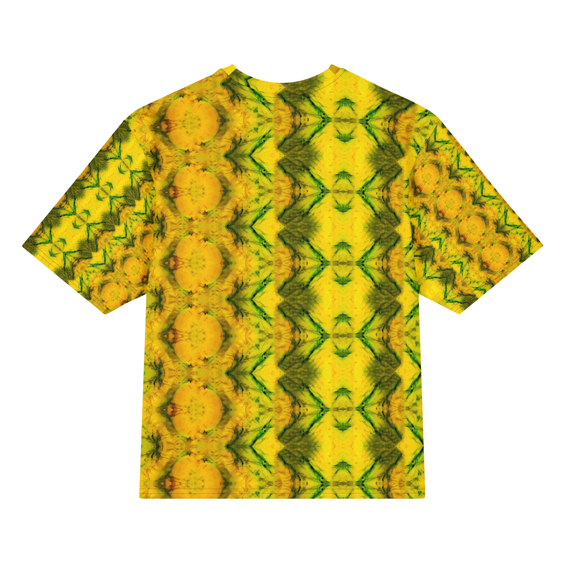 Back view of Purely Jade Light Cotton OverSized T-Shirt with yellow-gold jade print, large mirrored diamond panels, green veining, and round medallion columns by RJSTH.